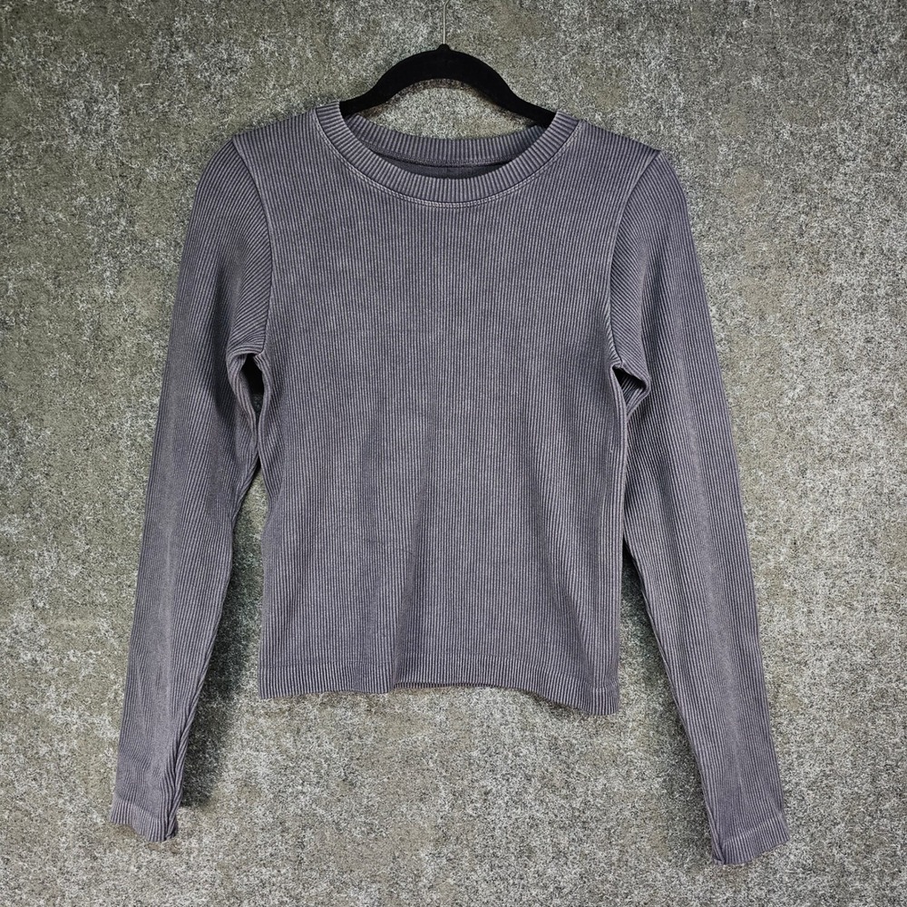 Moa Moa Ribbed Knit Long Sleeve Tee, Gray, Juniors L/XL